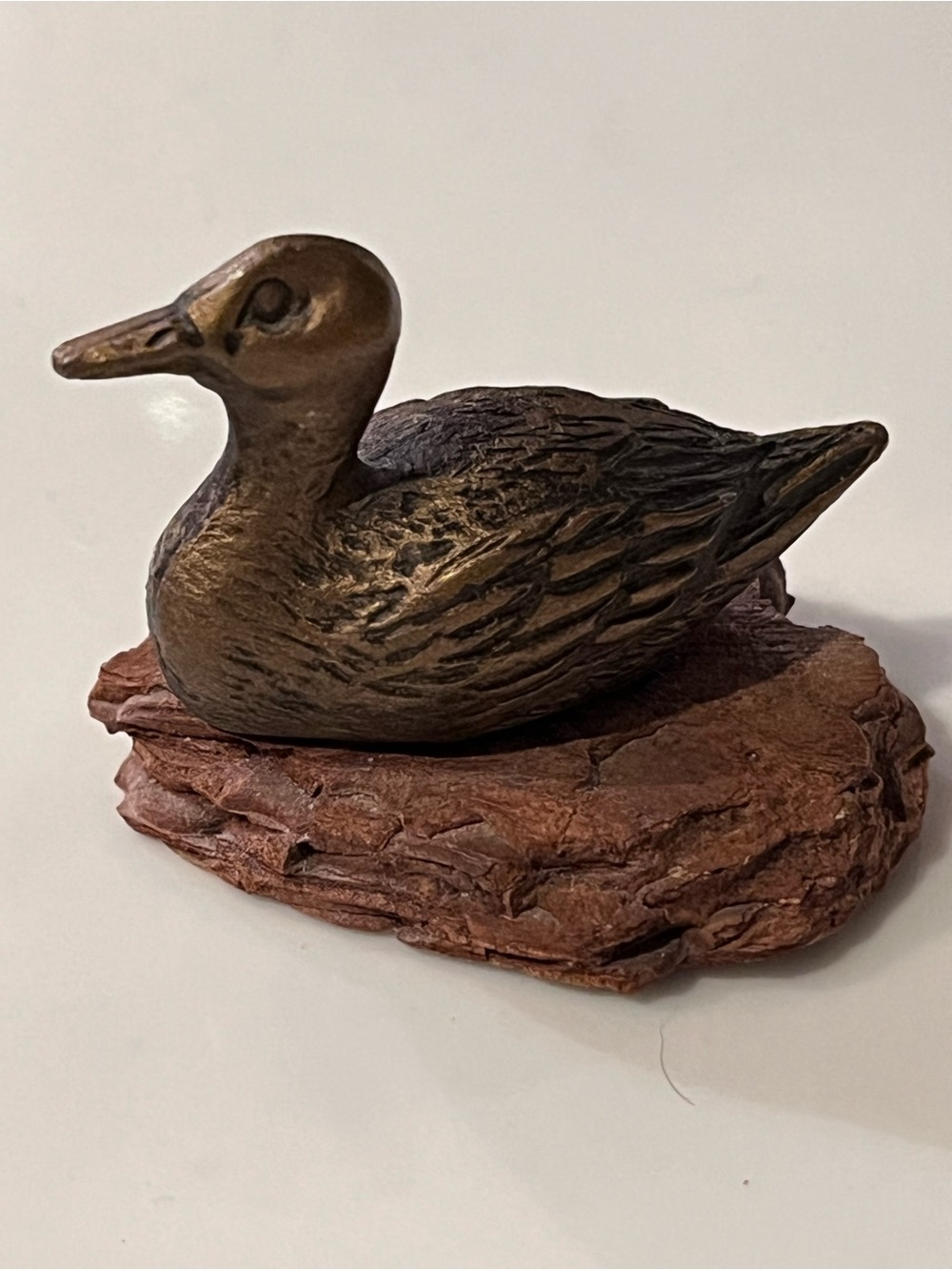 Vintage Brass Duck Figurine on Bark Chip by Sculpture House, Rhode Island